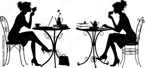 Women Drinking Coffee at Cafe Table Silhouette - Elegant Leisure Vector