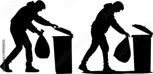 Person Disposing Trash Bag in Bin Silhouette - Waste Management Vector