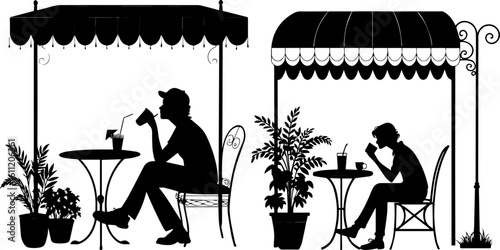 People Relaxing at Outdoor Cafe Silhouettes