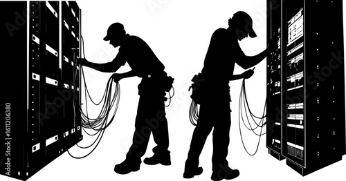 IT Technicians Working on Server Racks and Network Cables Silhouettes
