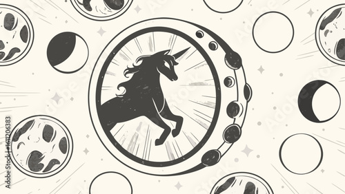 Silhouette of unicorn inside circle with moon phases and other moon icons around the background art