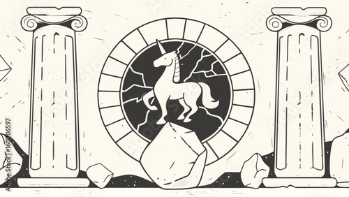 Illustration of a unicorn in a circle between two ionic columns with rocks and a textured background silhouette