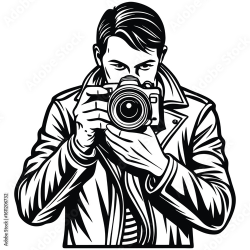 Minimalist Sketch Depicting a Photographer on a White Canvas