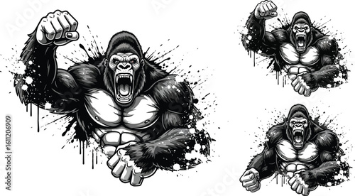 Three angry gorillas with clenched fists and splashes of ink in a monochrome vector illustration