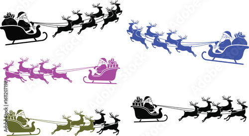 Illustration of santa claus in a sleigh pulled by reindeer on a white background in black and white