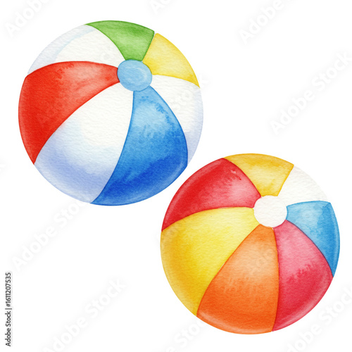 Two vibrant watercolor beach balls ready for summer fun and playful outdoor activities.