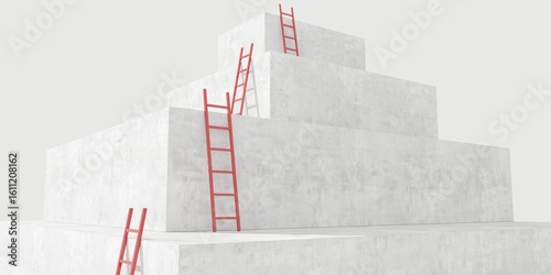 Red ladders leading the way up on concrete blocks on white background, caree, success or achievement busines concept