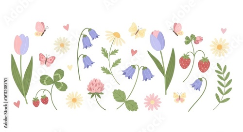 Wallpaper Mural Whimsical Spring Meadow Collection: Tulips, Bluebells, Strawberries, Clover, Daisies, and Butterflies Torontodigital.ca