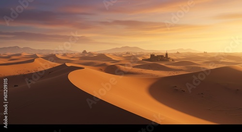 Wallpaper Mural Golden Desert Dunes at Sunset with Rolling Sandhills and Distant Mountains Torontodigital.ca