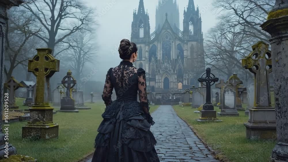 A gothic Victorian woman in a black lace dress stands with her back ...