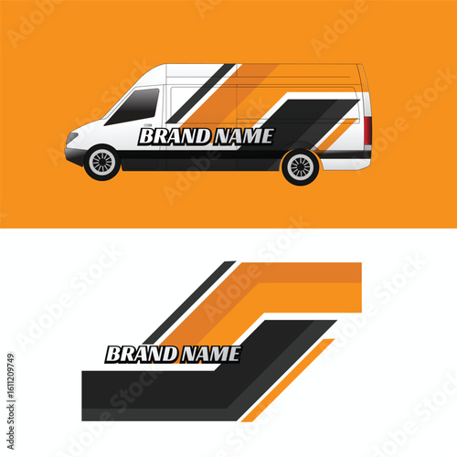 Modern and bold van livery decal design featuring dynamic geometric stripes in black, orange, and white. Perfect for branding