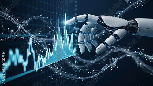 This image displays a robotic hand interacting with a glowing blue financial chart and digital network lines, symbolizing AI-driven data analysis, market trends, and technological insights.