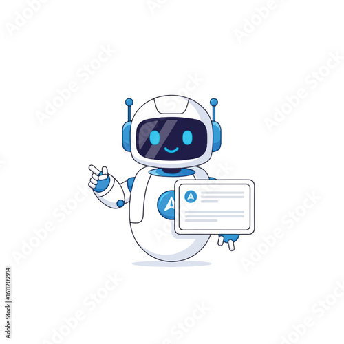 Friendly robot assistant presenting information on a digital tablet.