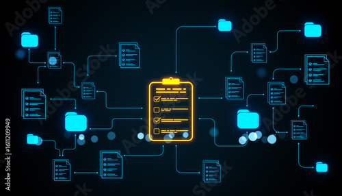 Online document management system with neon icons and network structure on di...