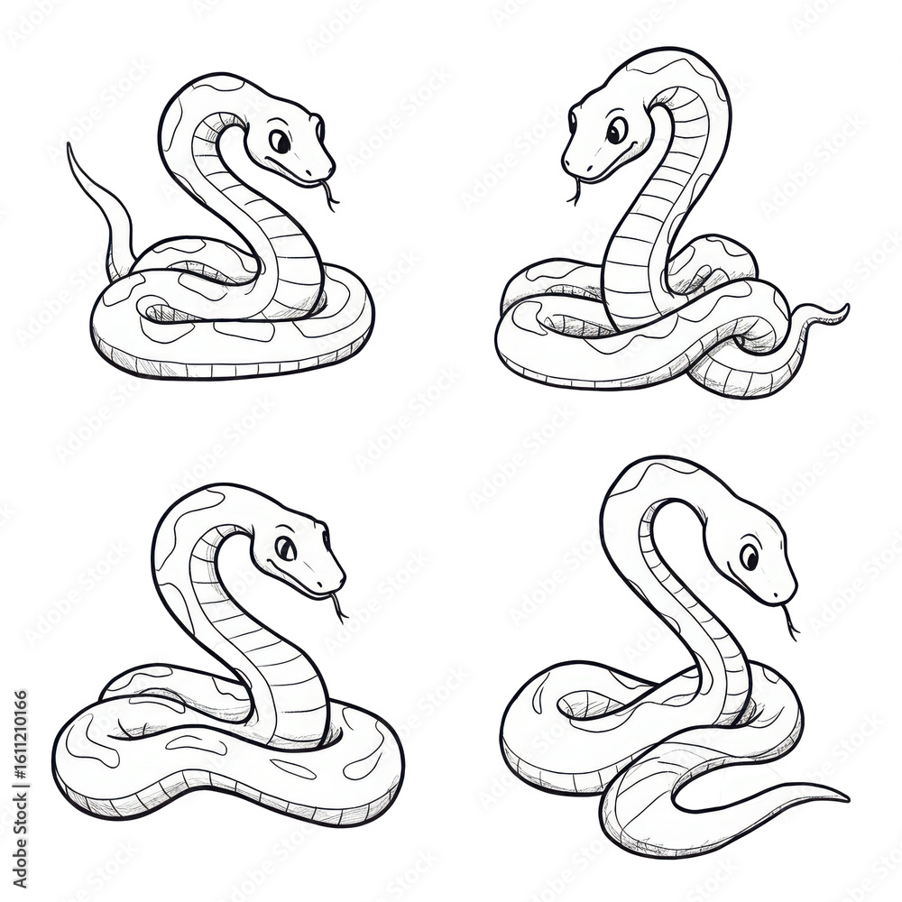 Obraz premium Set of Snake Sketches: Black and White Hand-Drawn Illustrations of Snakes on Transparent Background
