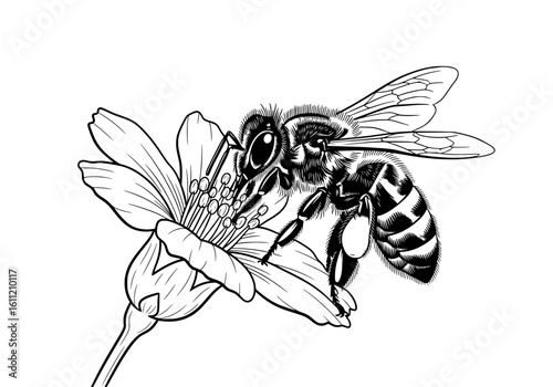 Detailed black and white bee collecting nectar from a delicate flower with intricate linework and shading