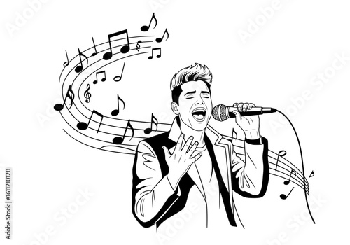 Dynamic male vocalist passionately singing with musical notes swirling around him