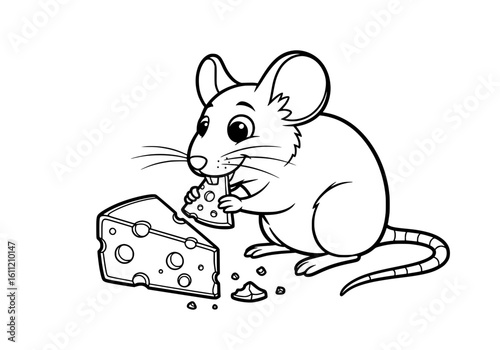 Adorable cartoon mouse happily nibbling delicious swiss cheese with crumb details