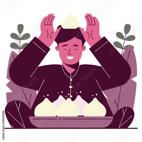Joyful person with a bun on their head and a plate of dumplings celebrating delicious food with a smile