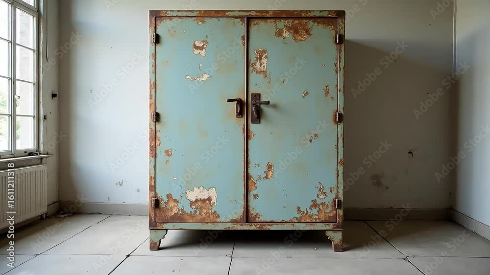 A weathered metal cabinet with peeling blue paint stands in a room with a window and radiator