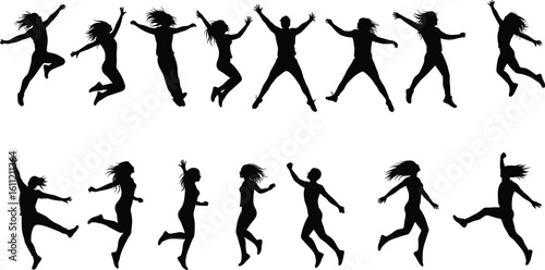 Jumping people silhouette sketch, group celebration pose, expressive movement artwork, energetic figure design illustration, fun and freedom concept vector, cad drawing flat vector illustration