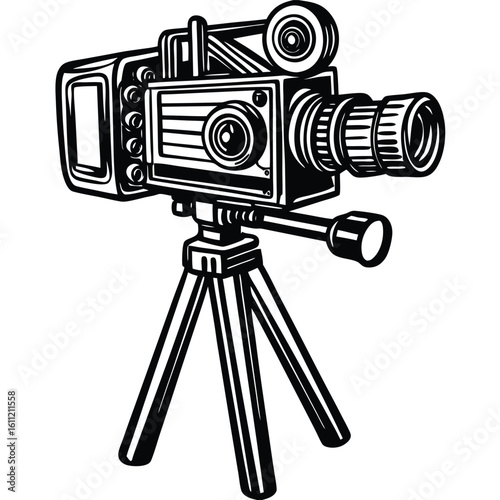 Sketch of a Video Camera Mounted on a Tripod on a White Background