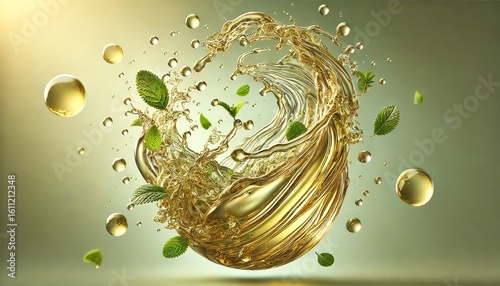 Lemon balm tea splash on a light green background