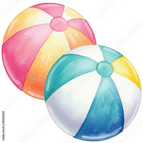 Vibrant watercolor beach balls in cheerful summer hues evoke playful outdoor fun.