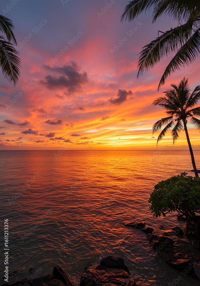 Fototapeta premium Beautiful Tropical Sunset with Vibrant Orange Pink Sky Over Calm Ocean with Silhouetted Palm Trees
