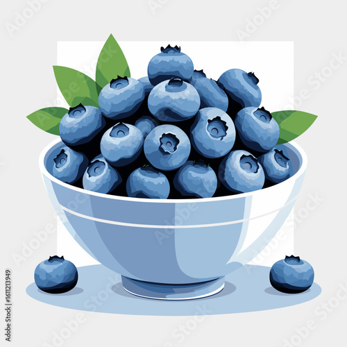 Bowl of fresh blueberries with green leaves on a light background  