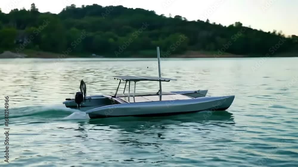 A sleek boat glides across calm waters, surrounded by lush greenery and reflecting the serene beauty of nature. A sleek boat glides across calm waters, surrounded by lush greenery and reflecting the serene beauty of nature.
