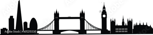 London City Skyline Silhouette, Famous Landmarks Illustration, Tower Bridge, Big Ben, Urban Landscape Vector, Black Cityscape Isolated, United Kingdom Iconic Architecture Art