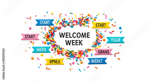 Welcome week text with sprinkles and colorful label banners    .ai generative, transparent background, white background. isolated on white background