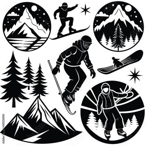 Collection of Vector Illustrations Depicting Snowboarding Activities