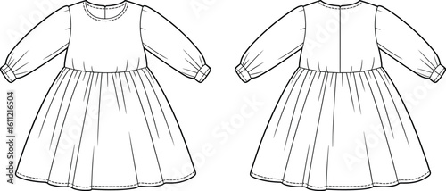 Long sleeve baby dress sketch, round neck gathered dress flat, toddler outfit technical drawing, kids fashion vector template, CAD drawing flat vector illustration