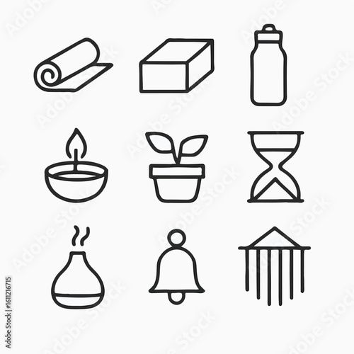 Black line icon set isolated on white background – wellness, aromatherapy and meditation tools
