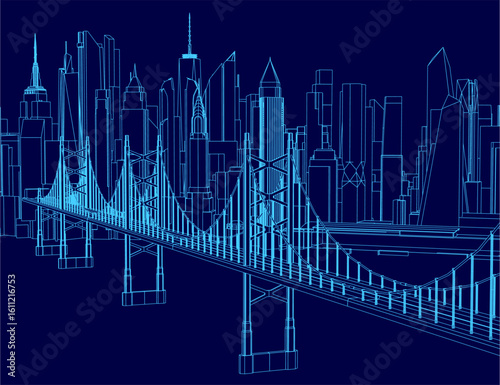 Manhattan Bridge blueprint contrasts against the New York City skyline, featuring intricate structural details. The urban contour highlights architectural precision with a monochrome aesthetic.