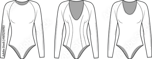 Long sleeve bodysuit front view, fashion flat sketch, CAD technical drawing, vector illustration of bodysuit variations with stylish necklines
Long sleeve bodysuit front view, fashion flat sketch, 