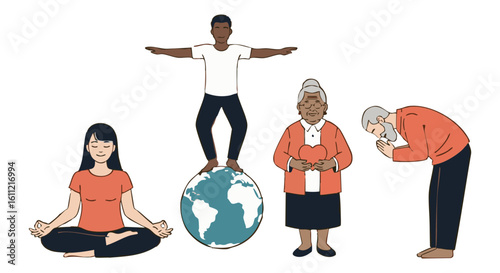 Vector art of diverse people from different generations and cultures gather around the globe, symbolizing unity and global harmony isolated on transparent background