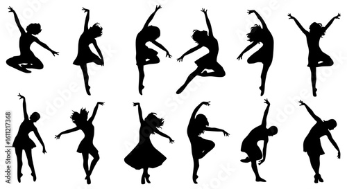 Vector art of a collection of elegant ballet dancers captured in various dynamic poses, showcasing the beauty of movement and grace isolated on transparent background