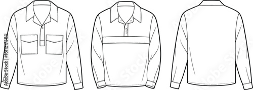 Long sleeve button-up shirts sketch, flap pocket layout design, pleated back template, cad drawing flat vector illustration, fashion garment sleeve button-up shirts sketch, flap pocket layout design