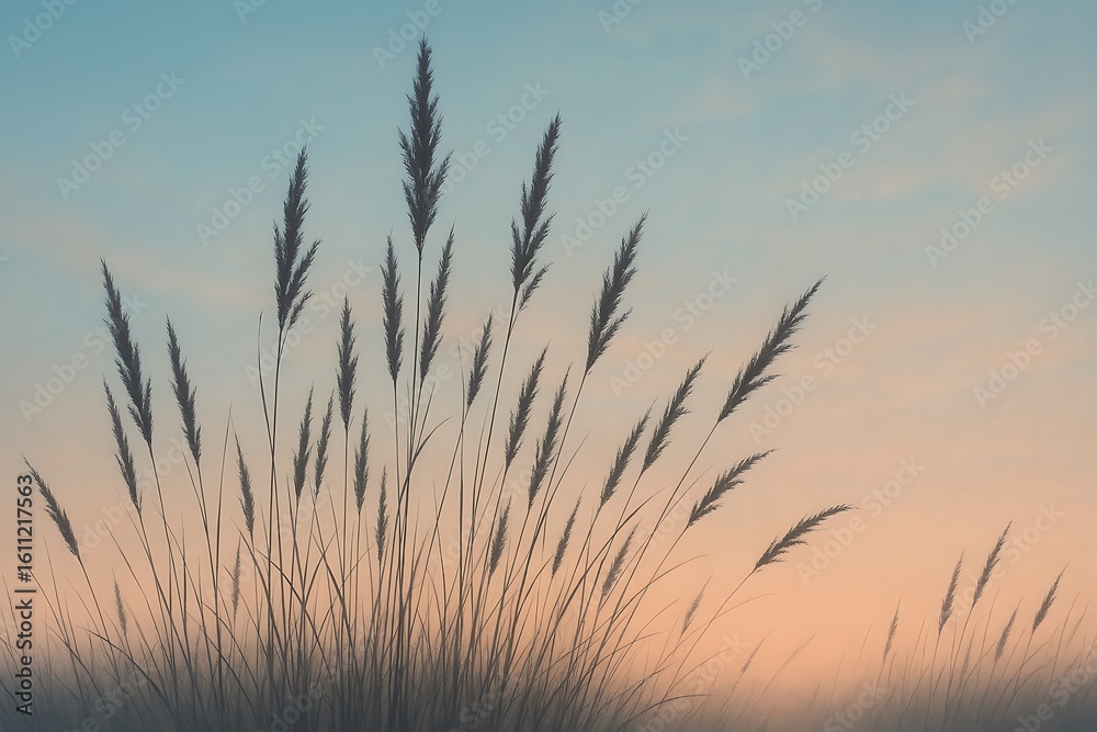 Obraz premium Silhouette of tall grass against a serene sunrise sky evokes peace and tranquility.