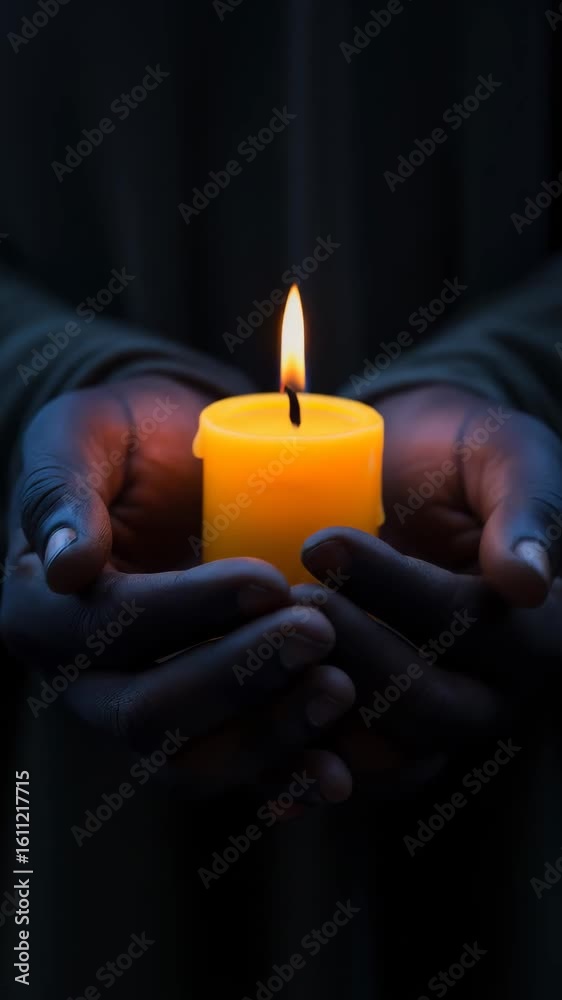 Man holding bright candle in cupped hands. Grief and remembrance concept. Man holding bright candle in cupped hands. Grief and remembrance concept.