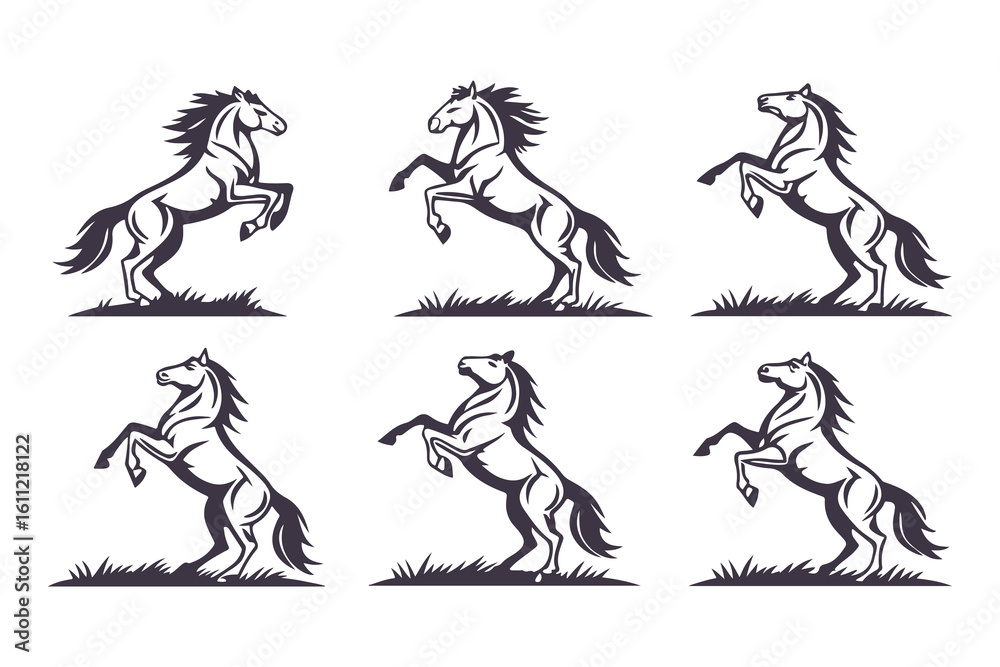 Fototapeta premium Set of Horse Silhouettes Vector Illustration, Collection of Running and Standing Horses, Black Animal Icons Isolated on White Background