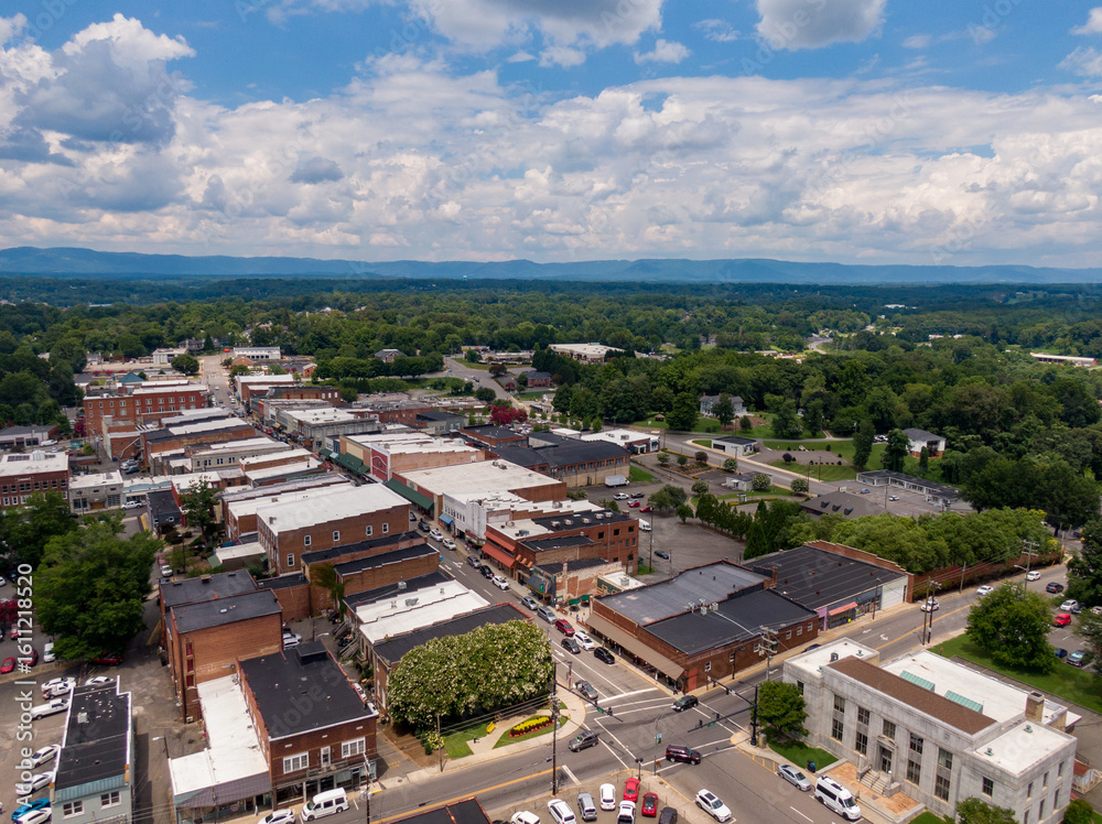 Obraz premium Day Time Drone Images of Downtown Mount Airy, North Carolina. This Town Served As The Inspiration For Mayberry On The Andy Griffith Show: Travel, Tourism, Outdoors
