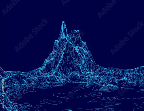 A majestic blue ice mountain rises sharply against a dark sky, its rugged contours reflecting in the tranquil lake below. The rocky terrain contrasts with the smooth water surface.