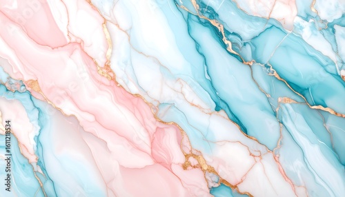 Modern liquid marble abstract background with gentle pastel pink and blue hues and elegant golden veins