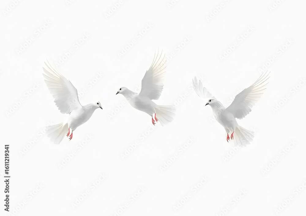 Obraz premium Three white doves in mid-flight with spread wings on a clean white background, symbolizing peace, freedom, and purity in a minimalistic and elegant composition