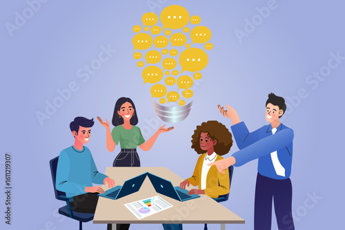 A creative business team is brainstorming in a meeting, their speech bubbles forming a giant light bulb. This concept illustrates how communication and collaboration lead to a great idea.