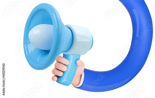 Megaphone in hand. Loudspeaker in a long cartoon hand. 3d render realistic vector icon. marketing speaker sign, promotion and advertising